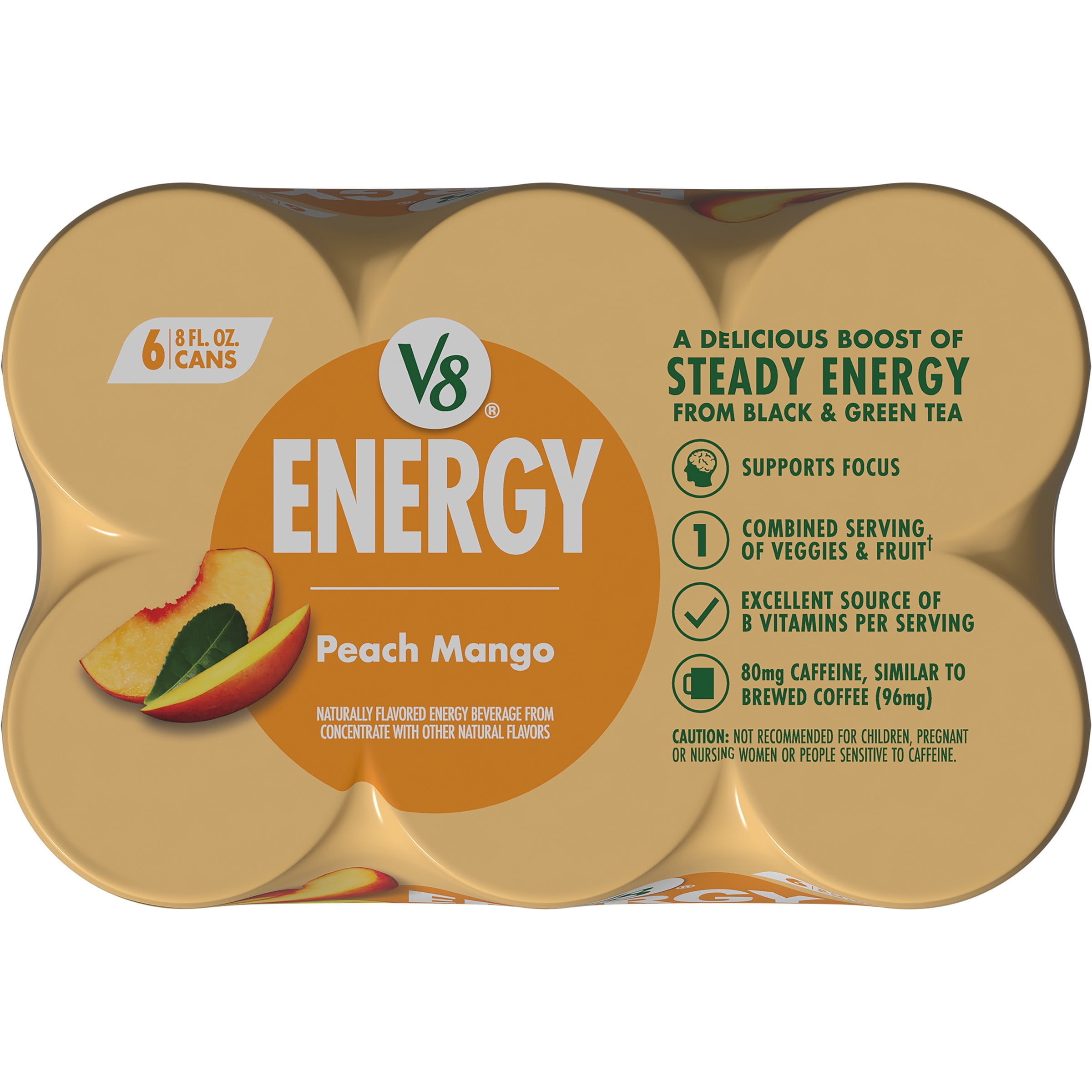(4 pack) V8 Energy Peach Mango Energy Drink, 8 fl oz Can, 6 pack
