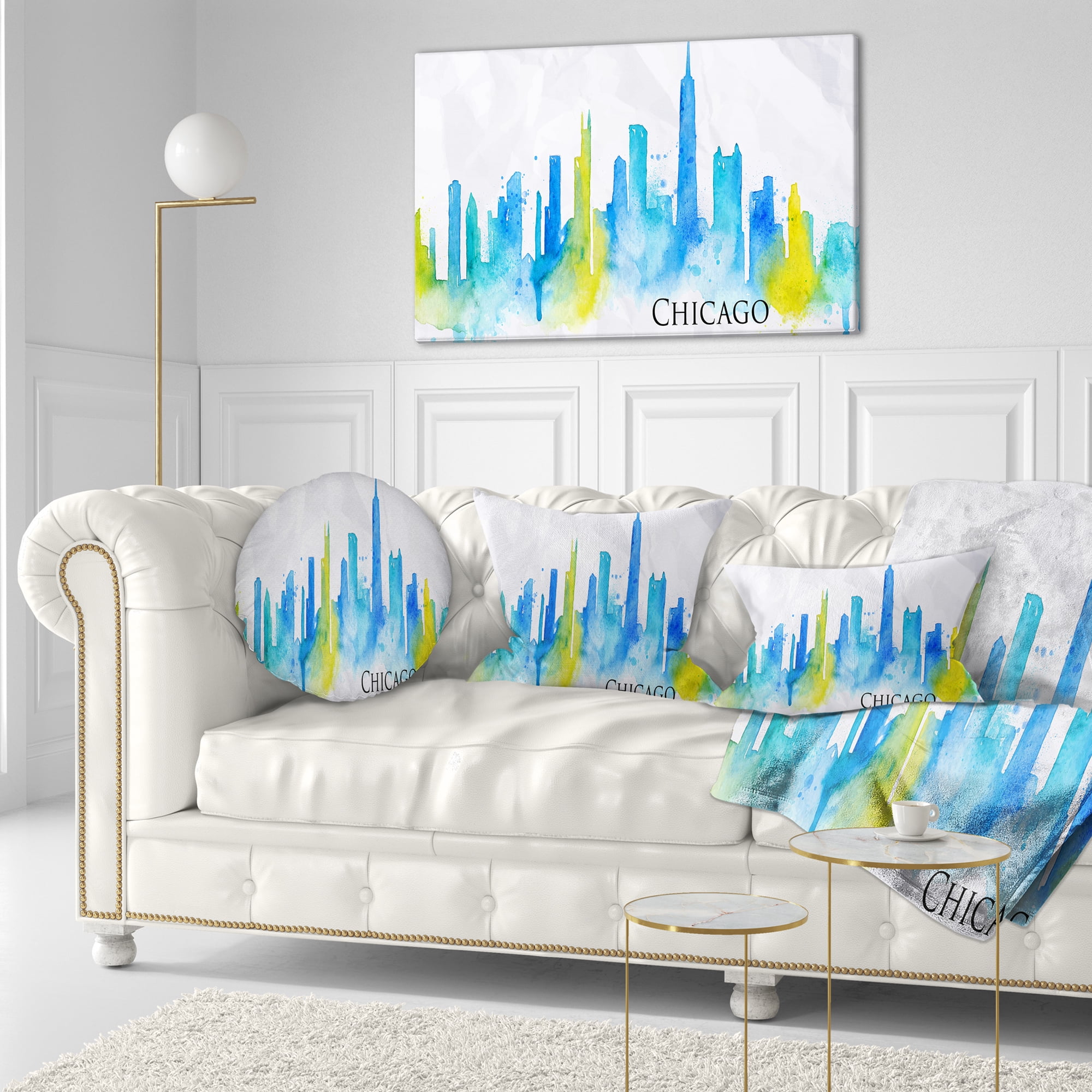 Designart Chicago Blue Green Silhouette - Cityscape Throw Pillow - 12x20