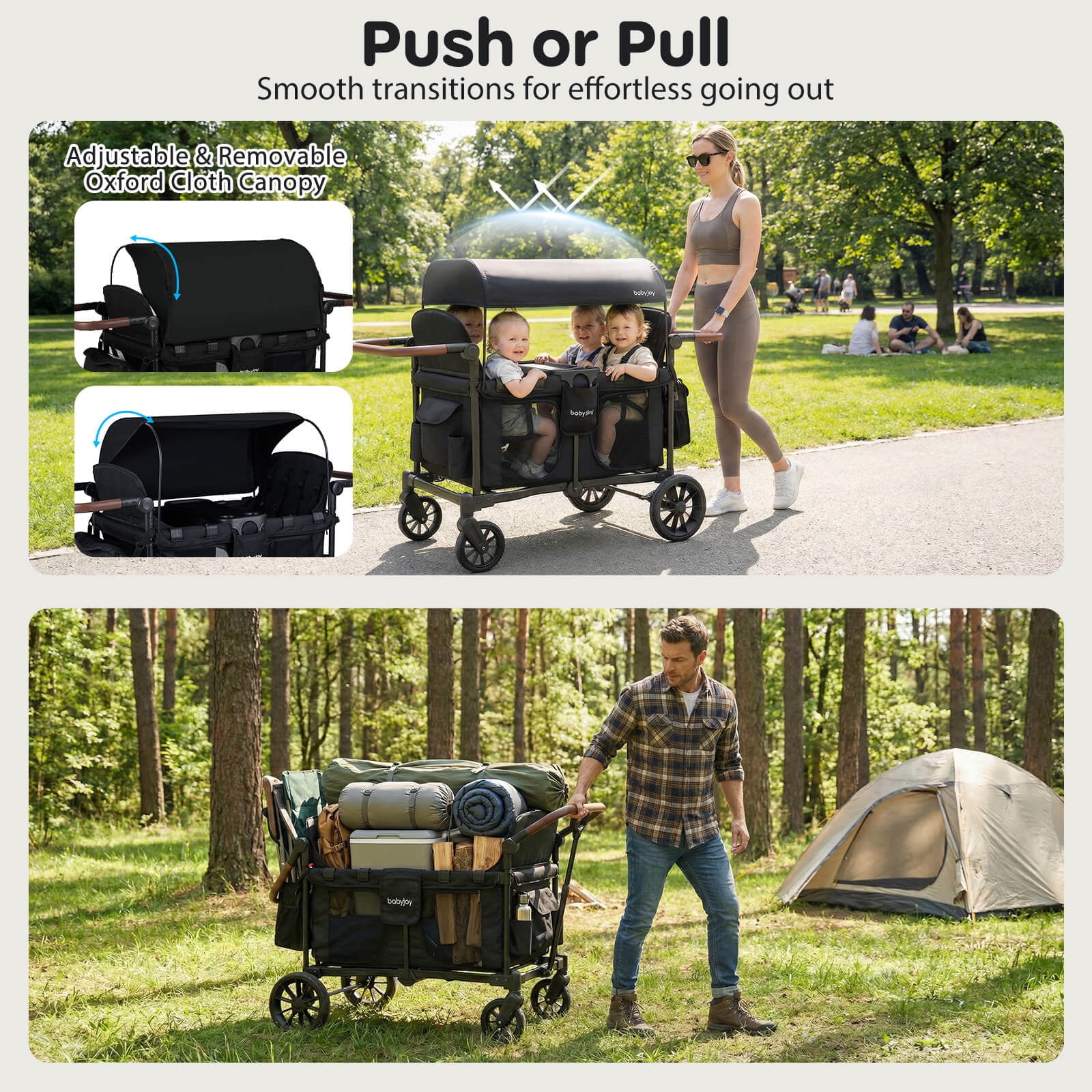 Costway Wagon Stroller, Foldable 4-Seater Push-Pull Toddler Stroller with Removable Canopy Black