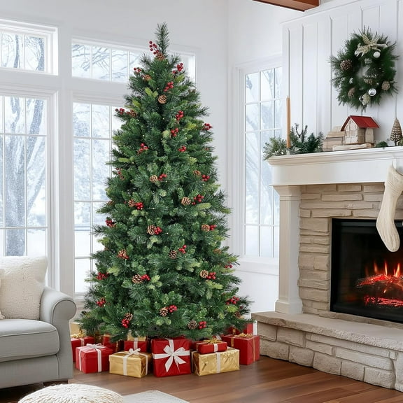 Senfot 2025 Christmas Starry Large Tree with Pine Cones and Red Berries (PE Style) - 6FT