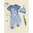 thumbnail image 3 of Suealasg Baby Boys 3Pcs Outfit Sets 3 6 12 18 Months Infant Short Sleeve Letter Print Romper Checkerboard Print Pants Hat Sets Newborn Boys Clothes, 3 of 7