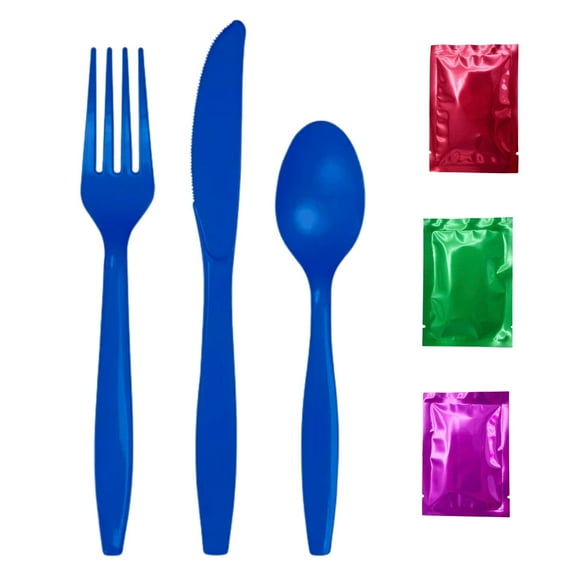 Cobalt Blue Disposable Cutlery, (Set of 96) Complete Dining Set BPA-Free Heavy Duty Plastic Spoon Fork Knife Party Utensils Weddings Family Home Picnics Food Events w/ Bonus Snoep in Beperkte Oplage