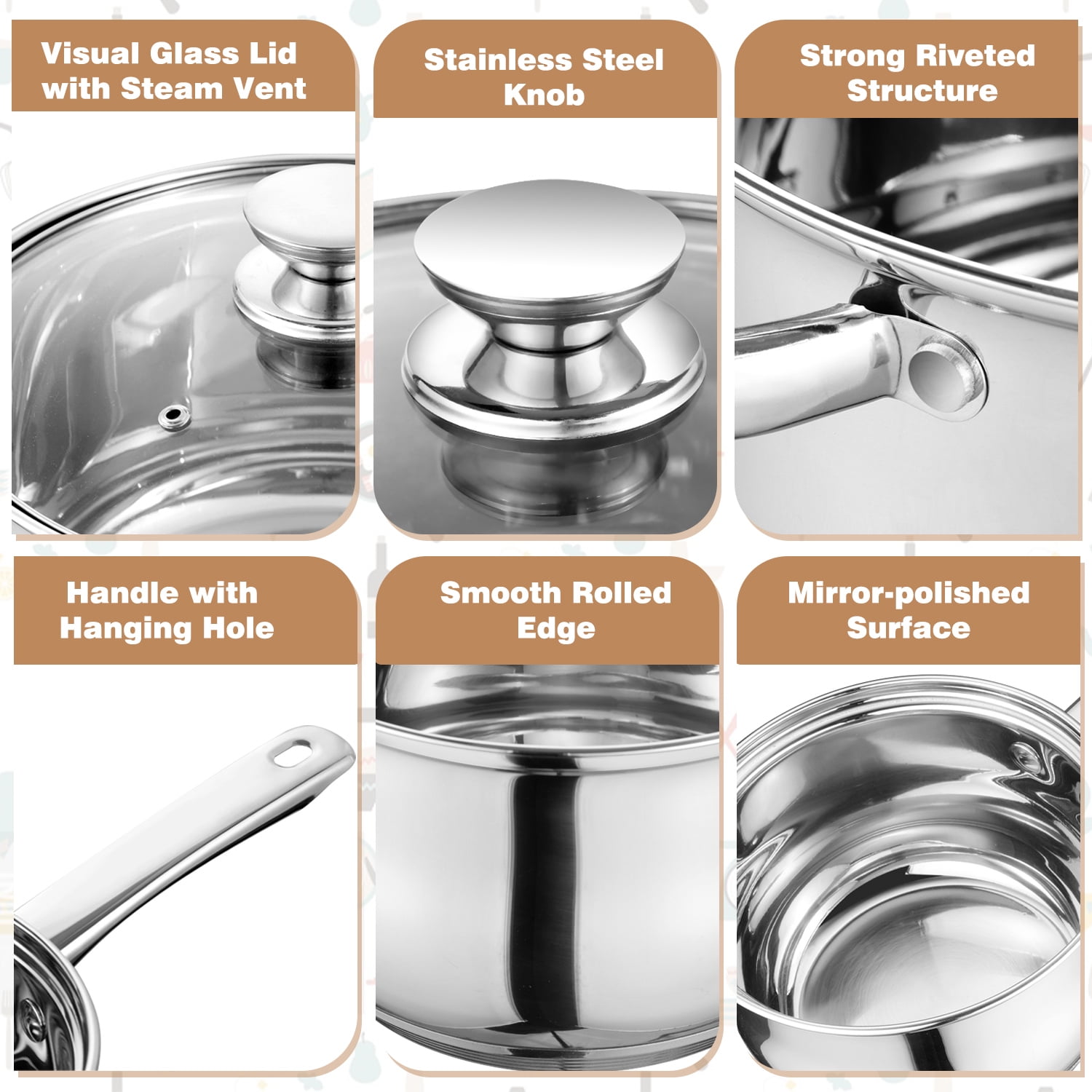 Walchoice 8-Piece Stainless Steel Cookware Set, Kitchen Pots and Pans Set with Glass Lid for Cooking, Kitchen Cookware Set with Utensils, Induction & Dishwasher Safe, Silver