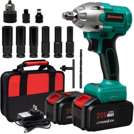 

KINSWOOD Cordless Impact Wrench 1/2 Chuck Impact Driver/Drill/Screws with 3100RPM Variable Speed Torque 320 ft-lbs 20v 2xLithium-Ion 3.0AH Battery Pack Safety Lock Design
