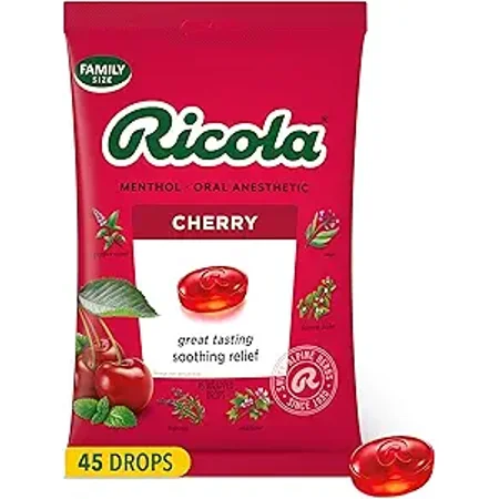 Ricola Cherry Throat Drops, 45 Count, Daily Drops For Delicious Throat Refreshment, Oral Anesthetic, Naturally Flavored