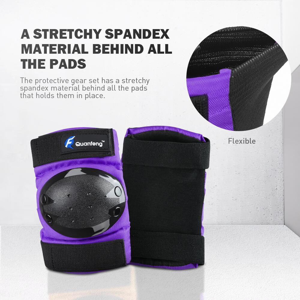QUANFENG QF Knee Pads Elbow Pads and Wrist Guards 6 Pieces Cycling Skateboarding Protective Gear Set for Kids, Tween (Purple)