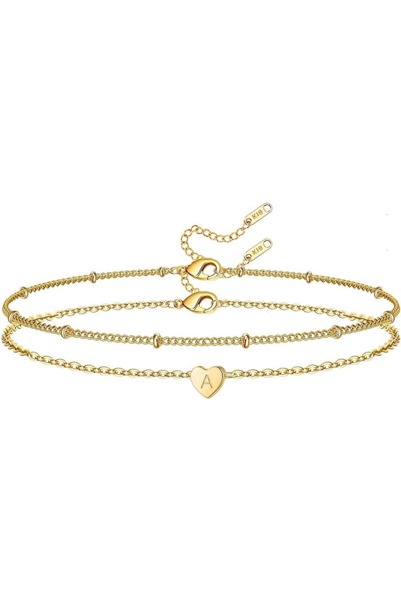 Heart Initial Bracelet for Women, 18k Gold Plated Stainless Steel Beaded Chain Layered Letter A Bracelet Personalized Name Bracelet for Girls