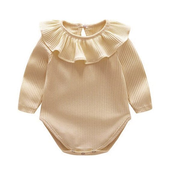Curuila Infant Baby Girls Jumpsuits Long Sleeve Solid Color Crew Neck Romper For Baby Everyday Wear Casual Clothes Beige Size 0-3 Months