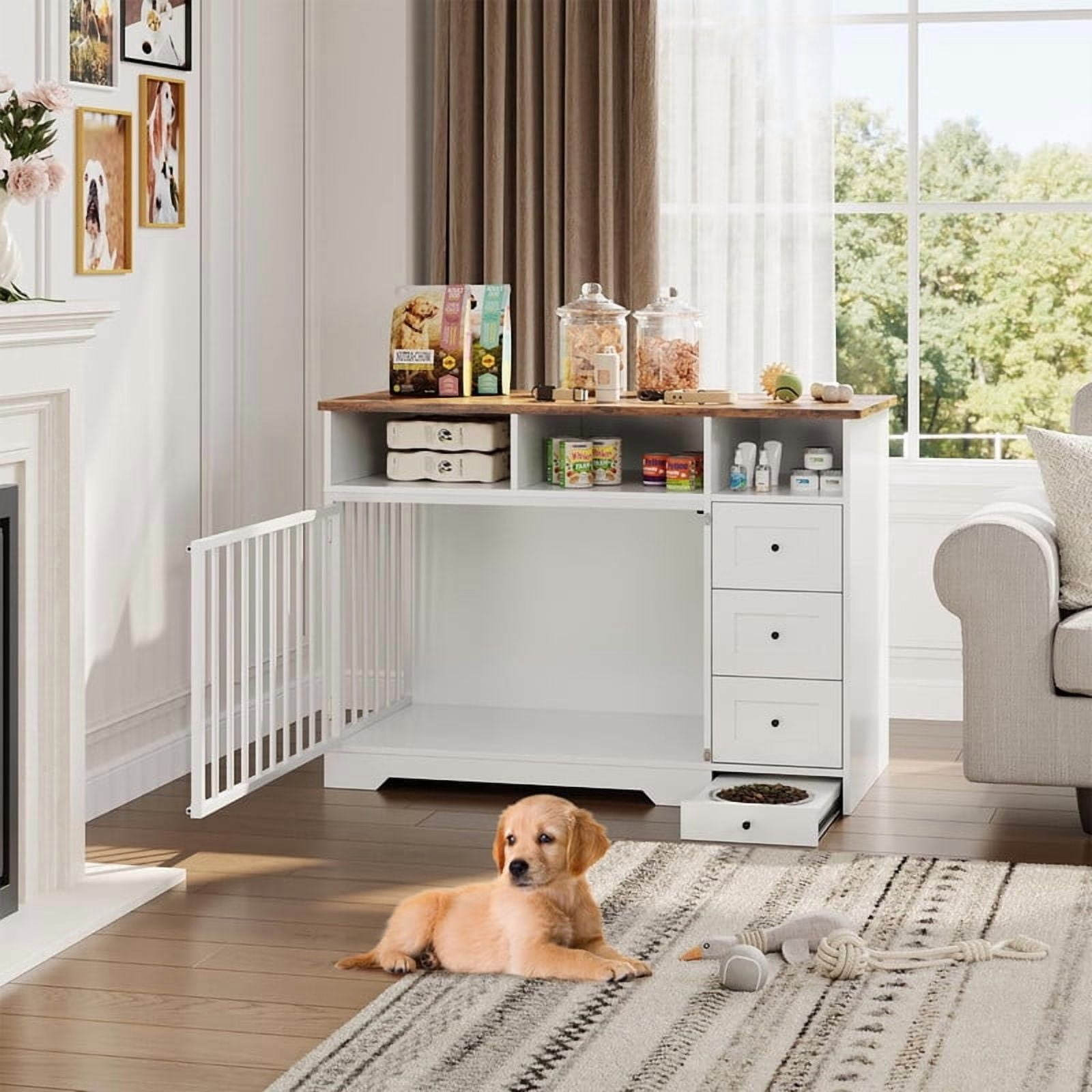 Towallmark 48 Inch Dog Crate Furniture, Farmhouse Dog Kennel with Bowl & Drawers, Heavy Duty Pet Crate Table for Medium Small Dogs for Living Room, Entryway Storage