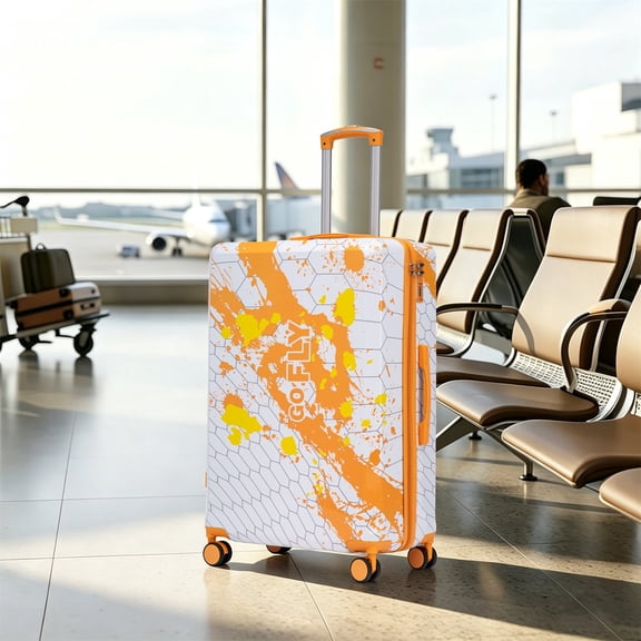 ECOBUY 28 Inch PC Spinner Wheel Luggage, Carry On Suitcase with Printed Pattern and Combination Lock, Orange, 19.88x11.42x30.12 in