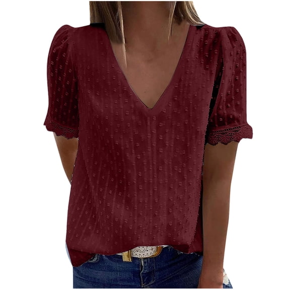 tarylea Chiffon Tops for Women Lace Blocked Short Sleeve Crew Neck Shirts Casual Dressy Summer Blouse Tops