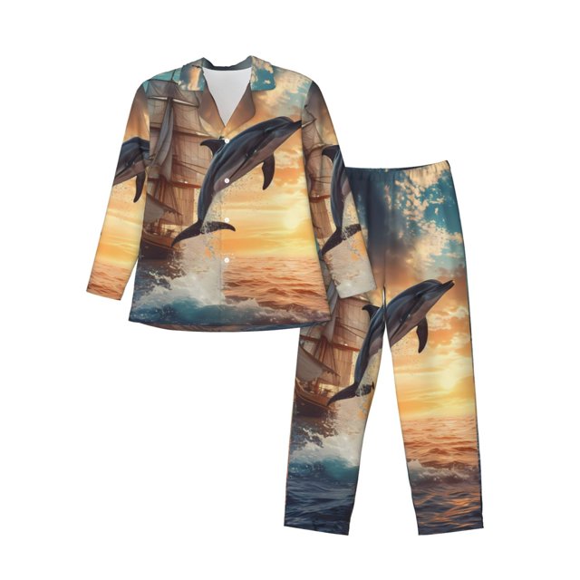 Balery Sailing Dancing Dolphin Pijama para Hombre de Dos Piezas con Manga Larga, Conjunto de Dormir y Descanso Suave con Bolsillos-Medium