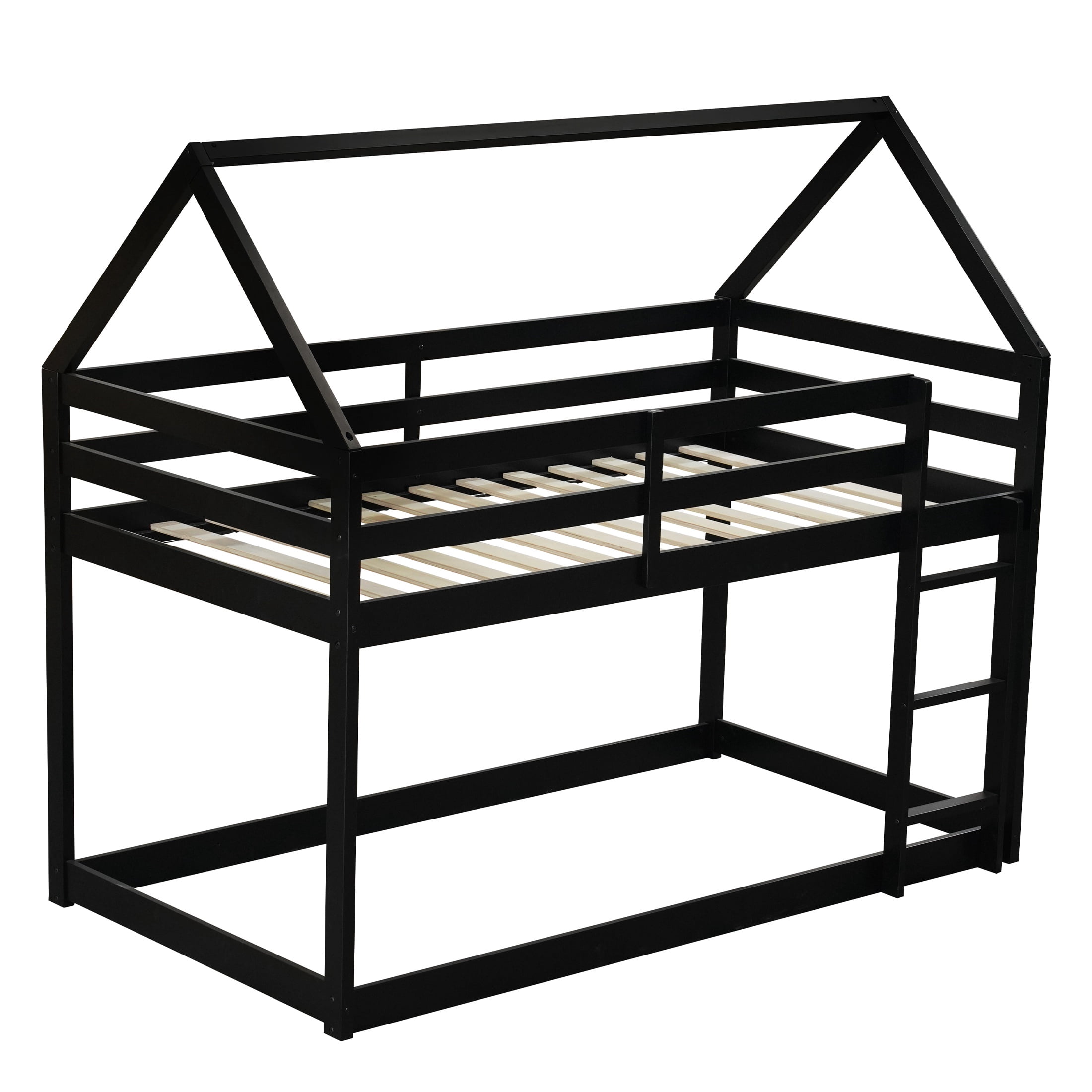 PORKISS Bunk Bed Twin Over Twin, Kids Low Floor Bunk Bed with Guard Rails for Children Boys Girls Dormitory Bedroom, Rubber Wood Bunk Bed, No Box Spring Needed, Black #