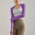 thumbnail image 3 of SWSMCLT Women's Long Sleeve Beloro Shrug Crop Top Thumb Hole Open Front Fitted Light Workout Gym Cut Out Short Sweatshirt Purple Small, 3 of 4
