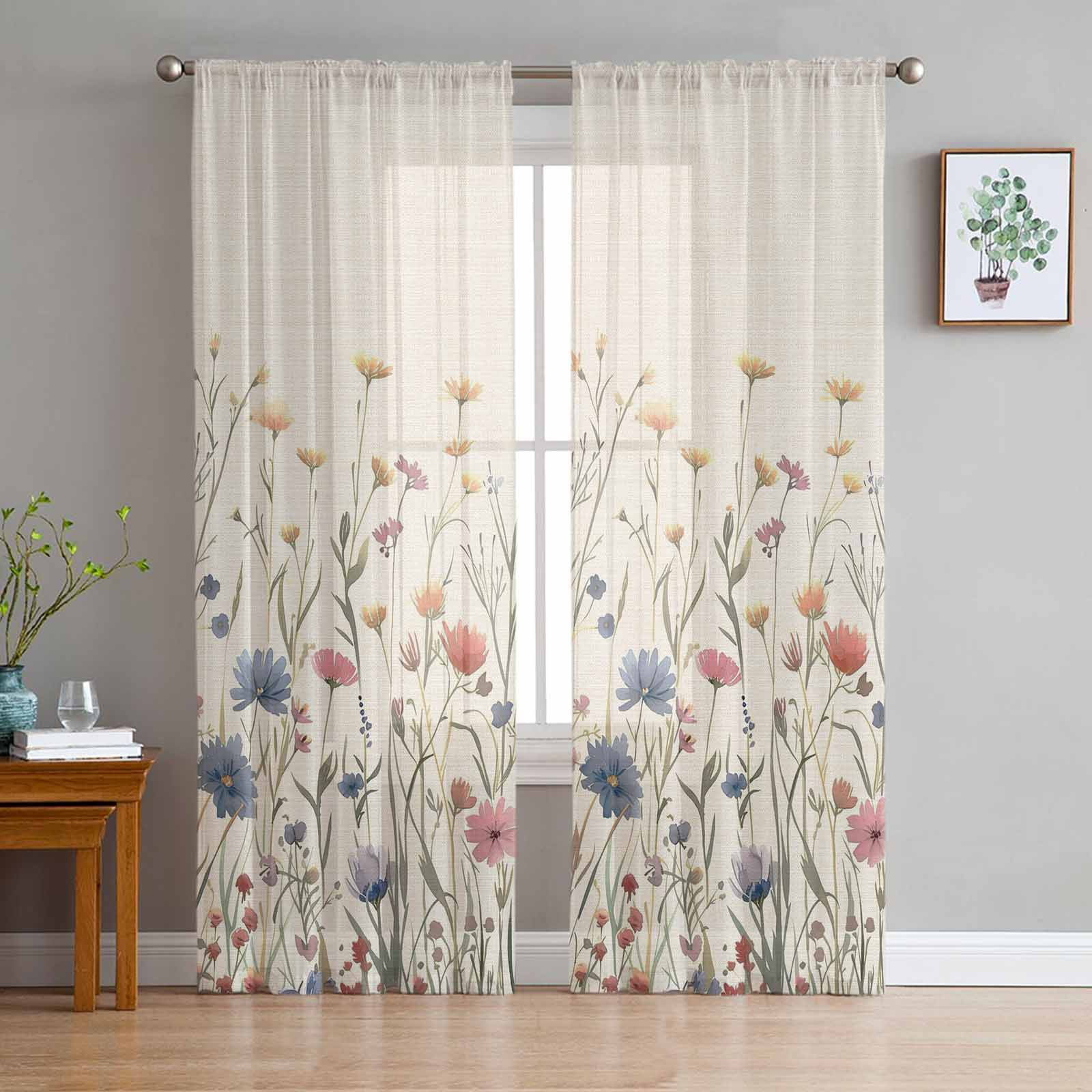 Sheer Curtains 72 inches Long, Floral Watercolor Leaves Colorful Daisy Linen Background Light Filtering Sheer Window Curtains Rod Pocket Voile Drapes for Bedroom Living Room, 52"W x 72"L 2 Panels