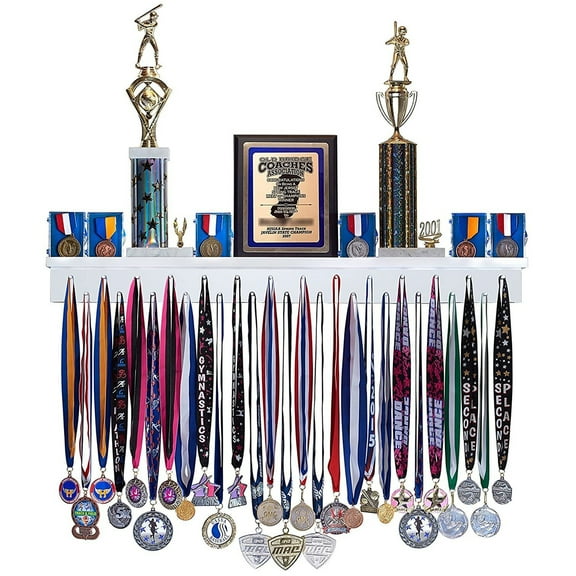 Medal Awards Rack Trophy Shelf and Award Display Rack (36" White) Medal Hanger with Shelf