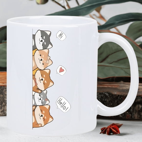 1pc Whimsical Cat Ceramic Coffee Mug – Insulated & Reusable, Hand Wash Only – Cute Cartoon Cat Design with "Hello!" Speech Bubbles – Perfect Gift for Cat Lovers, White