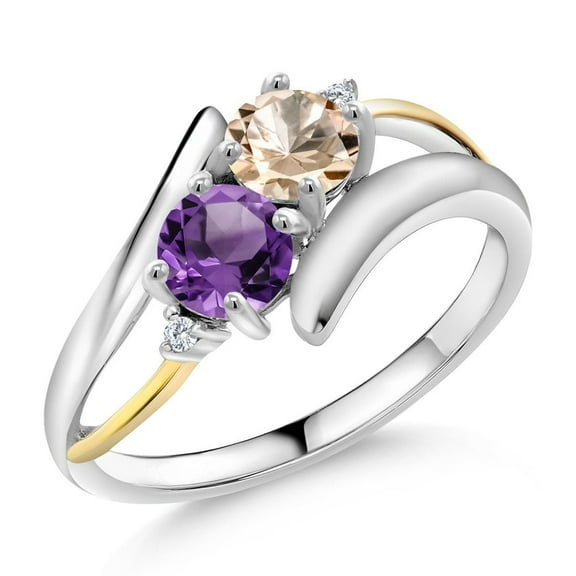 Gem Stone King 0.90 Ct Round Peach Morganite Purple Amethyst 925 Silver and 10K Yellow Gold Lab Grown Diamond Two Stone Crossover Ring (Size 8)