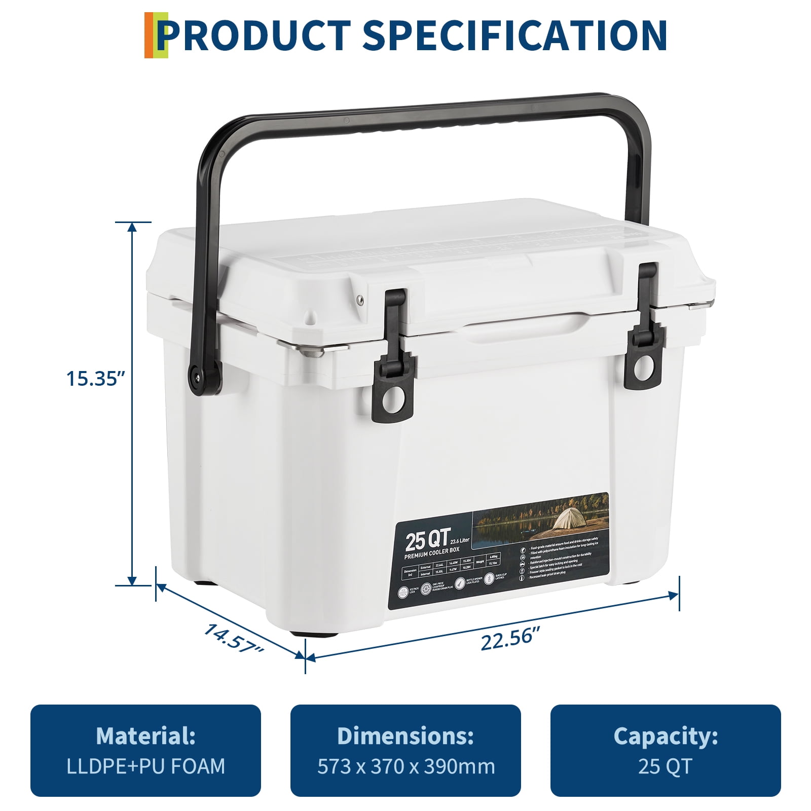 Kicctian 25 Quart Insulated Beer Keg Cooler with 5-Day Ice Retention, Built-in Drain Plug, Bottle Opener & Fish Ruler, Leak-Resistant Ice Chest for Camping, BBQ,White