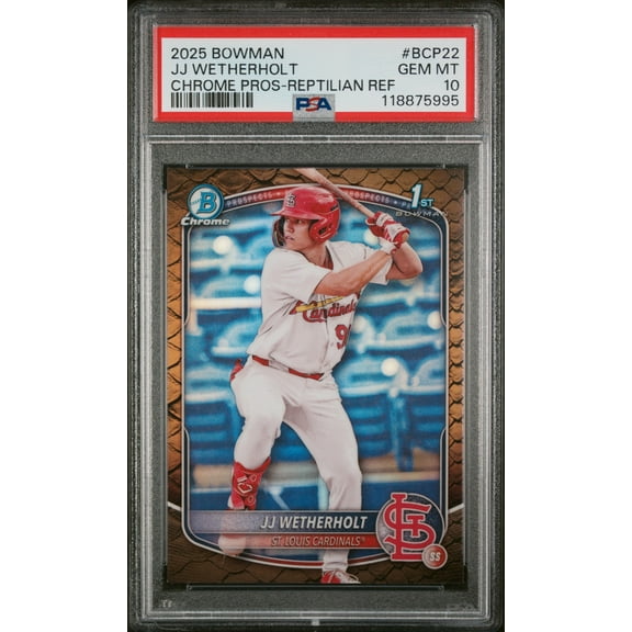 Graded 2025 Topps Bowman JJ Wetherholt #BCP22 Chrome Prospects Reptilian Refractor Rookie RC Baseball Card PSA 10 Gem Mint