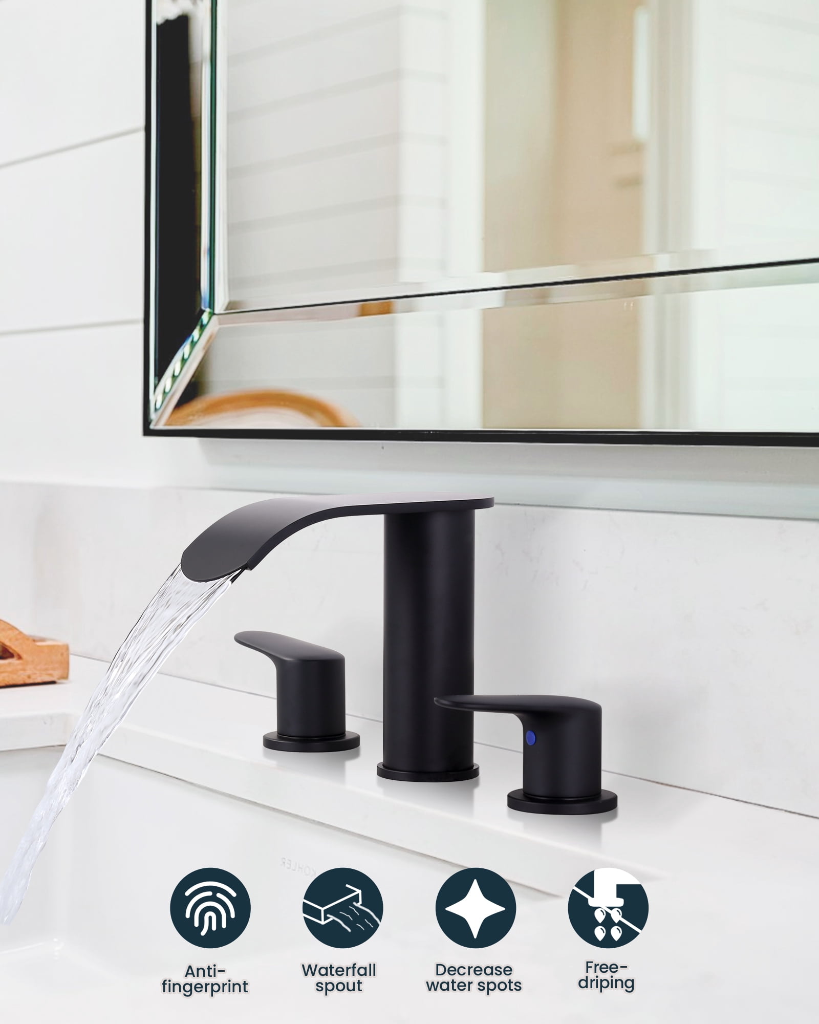 WOWOW Waterfall Bathroom Faucet 3 Holes 8Inch Widespread Bathroom Sink Faucet