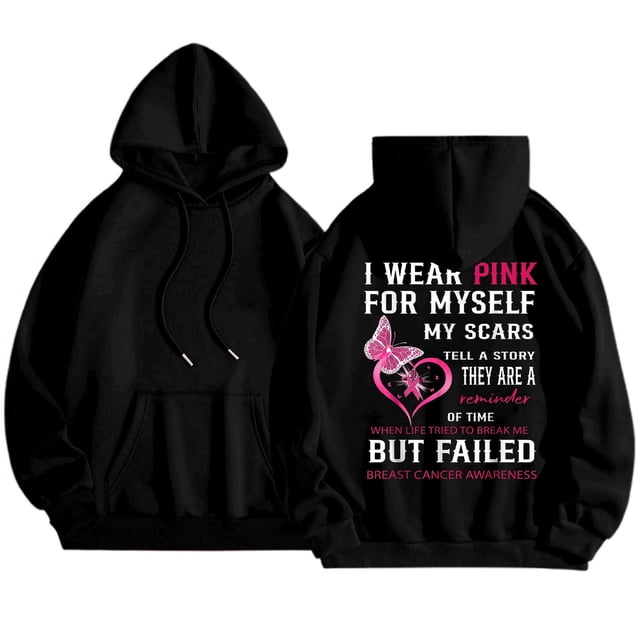 Cancer Awareness Ladies Long Sleeve Letter Print Hooded Pullover Sweatshirt for Everyday Comfort Support