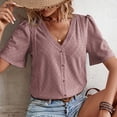 thumbnail image 3 of Blusa holgada de verano para mujer con escote en V, ojales y detalle de botones, mangas cortas, rosa, talla L, 3 of 6