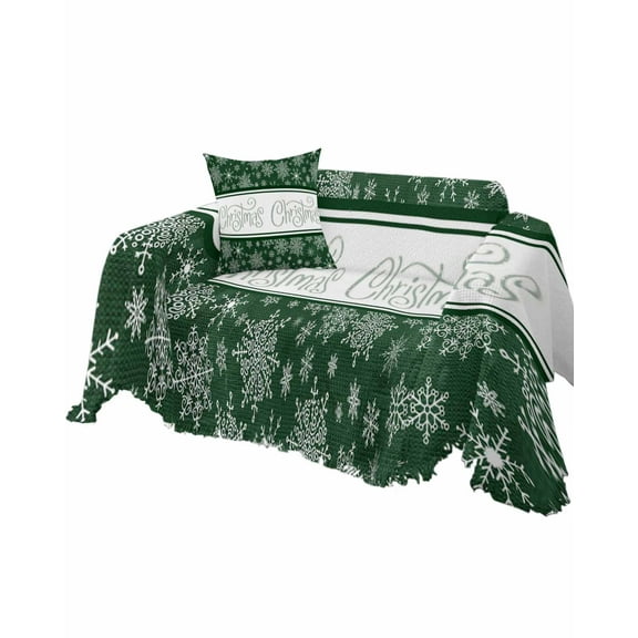 Green Christmas Snowflake Sofa Couch Covers for Dogs, Washable Sectional Couch Slipcovers for Loveseat with Tassels, Xmas Snowflake Winter Striped Non Slip Sofa Throw Cover Blanket L 71''x102''