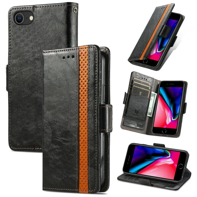 Case for iPhone SE 2022/2020 (3/4generation) Cover Leather Wallet Folio Case Book Design Flip Magnetic Closure - Black