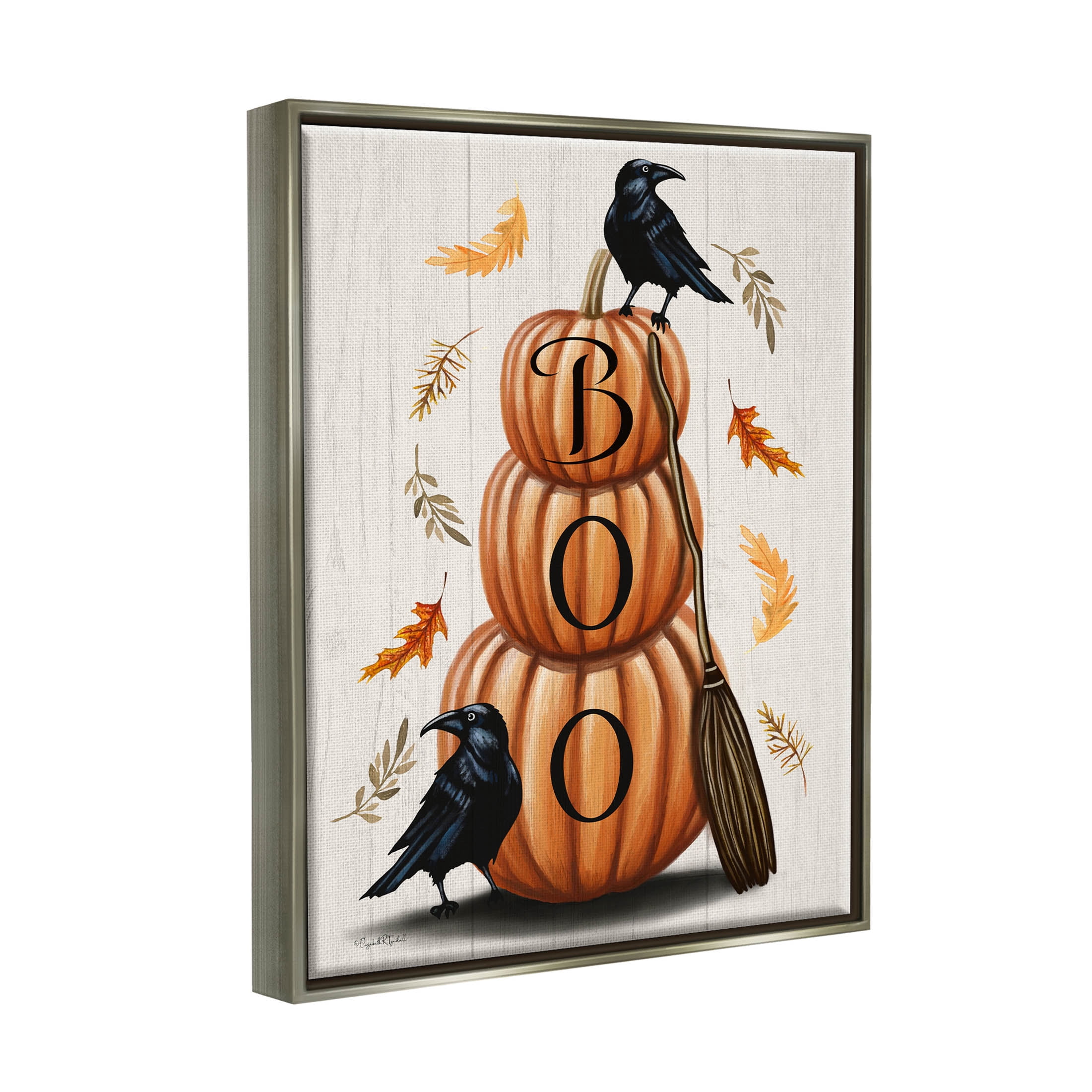 Stupell Industries Boo Ravens Pumpkin Stack Graphic Art Luster Gray Floating Framed Canvas Print Wall Art, Design by Elizabeth Tyndall
