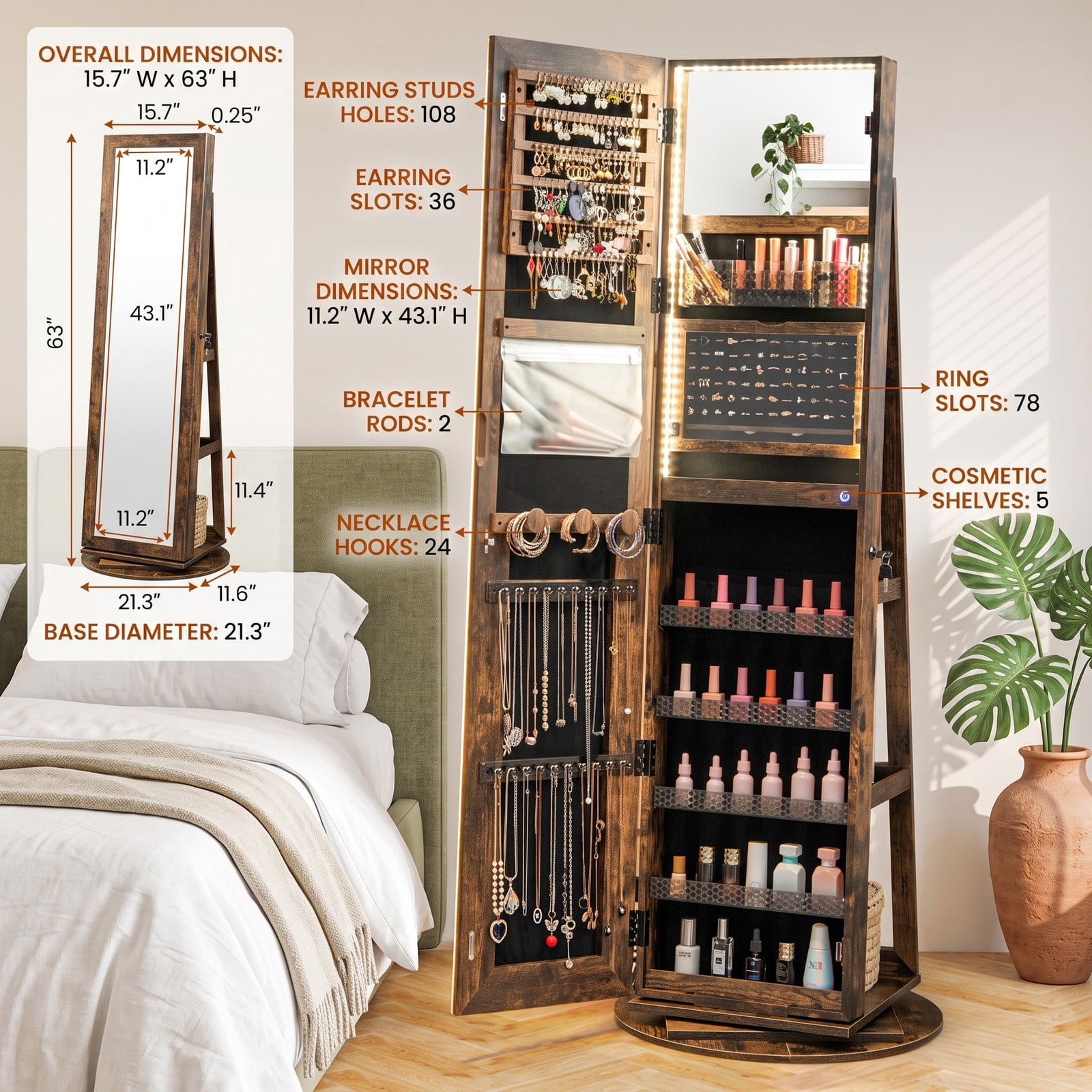 Furnibear Freestanding Rotating Jewelry Cabinet with Adjustable LED Full-Length Mirror and Makeup Mirror for Bedroom, Coffee