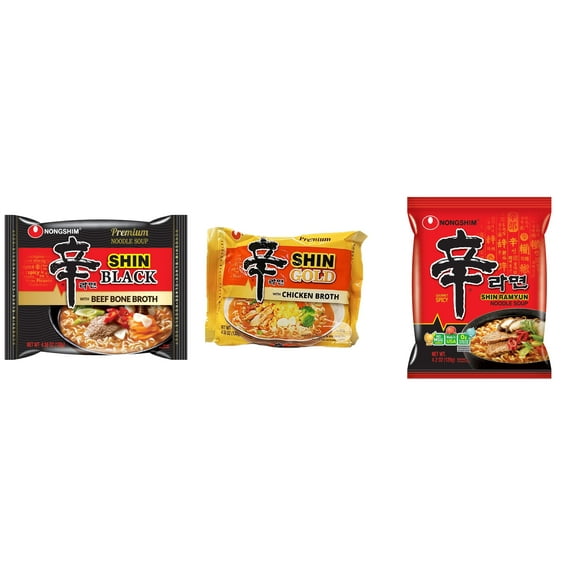 3 Pack Korean NongShim Gourmet Spicy Shin Instant Ramen Noodle, 3 Flavors(shin black,shin gold ,shin red) Plus NineChef Brand Long Handle Coffee Spoon