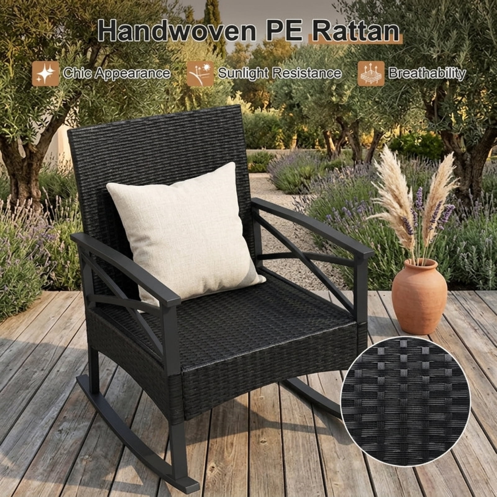 Furnibear Outdoor Metal Outdoor Rocking Chair for Porch Deck Balcony Natural/Black Finish 100 lbs Weather-Resistant Outdoor Furniture