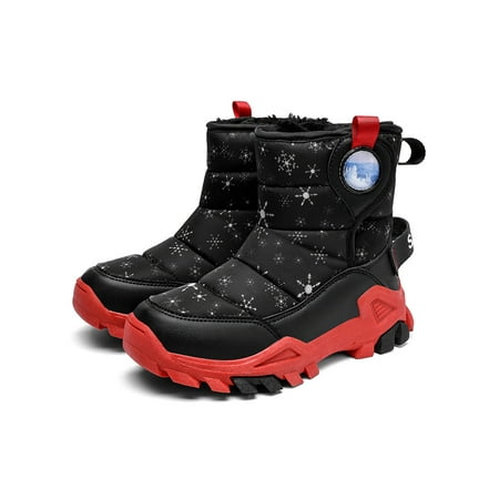 

Crocowalk Unisex Slip Resistant Round Toe Comfort Shoes Hiking Magnetic Snow Boot Warm Plush Lining Winter Booties Black Red 5.5Y