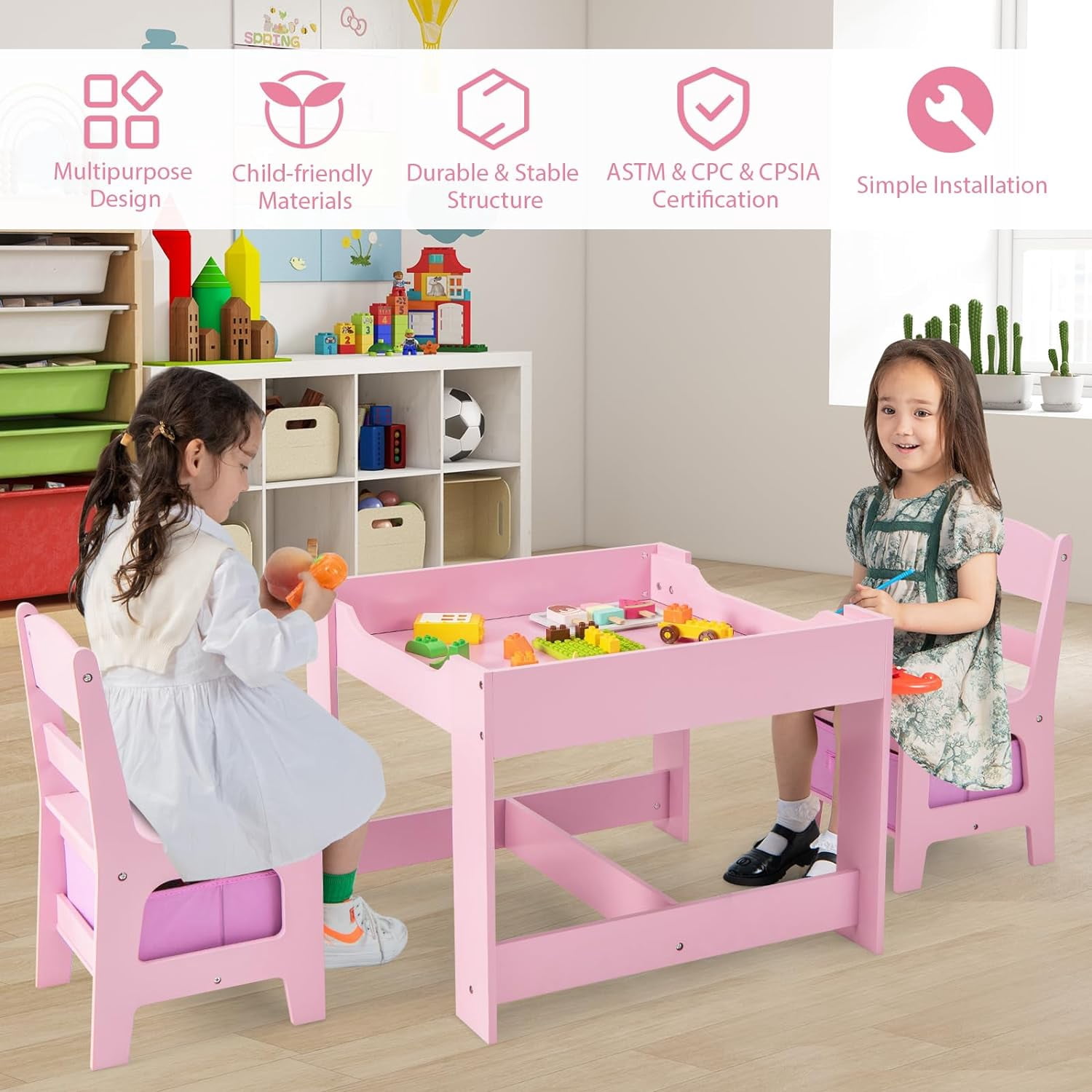 Neatifyes Kid Table and Chairs, 3 in 1 Wooden Activity Desk Set w/ Reversible Chalkboard & Storage Space for Arts, Crafts, Drawing, Reading, Playroom, Toddler Table and Chair Set for Boy Girl (Pink)