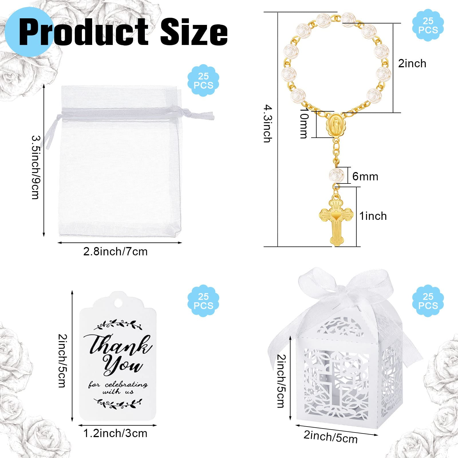 100 PCS Baptism Favors Set Includes Mini Rosary, Laser Cut Baptism Favor Boxes, Thank You Tags, White Organza Bags for Bautizo Recuerdos Christening Wedding Party Supplies