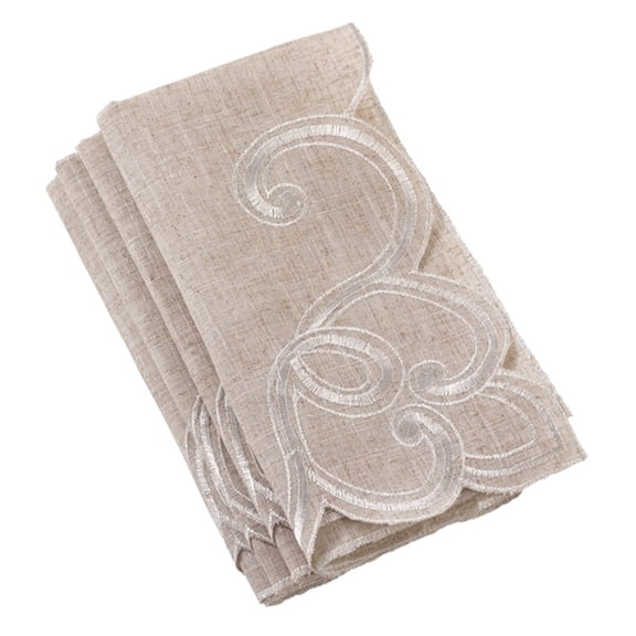 Fennco Styles Embroidered Scallop Design Natural Linen Blend Napkin-Set of 4