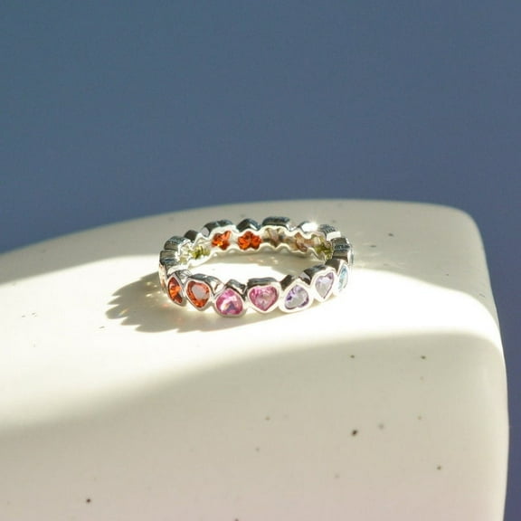 Rainbow Heart Band Ring Sterling Silver,Gold Multi Gemstone Eternity Ring, Birthday Gifts for women