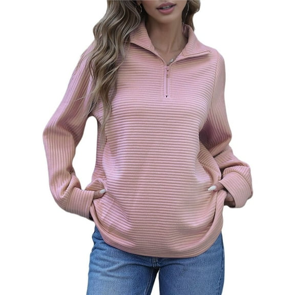 Women's Quarter Zip Tunics Fall Winter Long Sleeve Pullover Ribbed Quilted V Neck Collared Outfits Loose Pink S