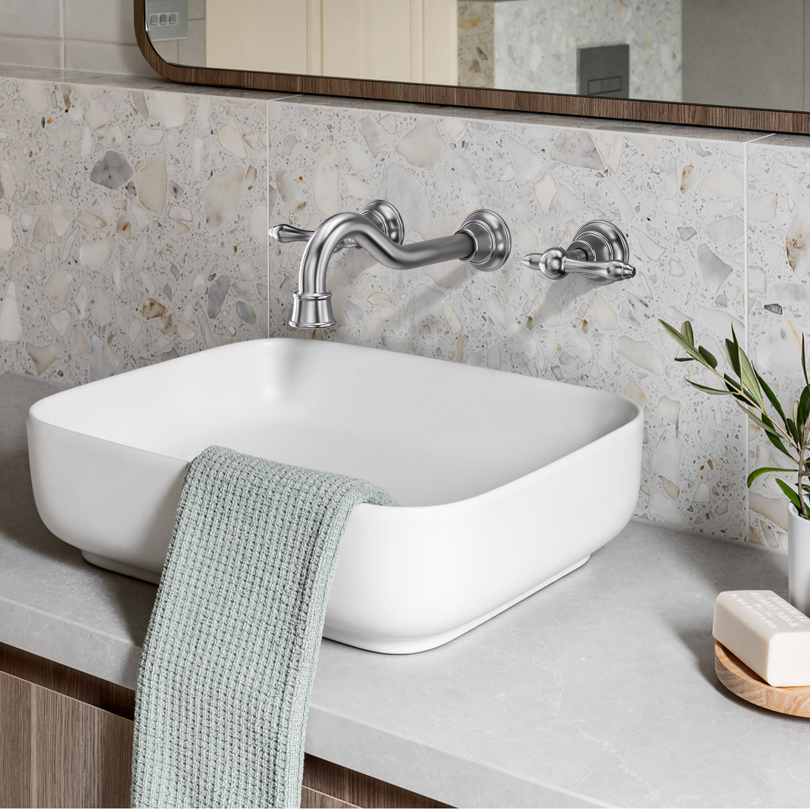 Wowow 8 in. Wall Mount 2-Handle Bathroom Sink Faucets Brass and Rough-in Valve Included,Brushed Nickel