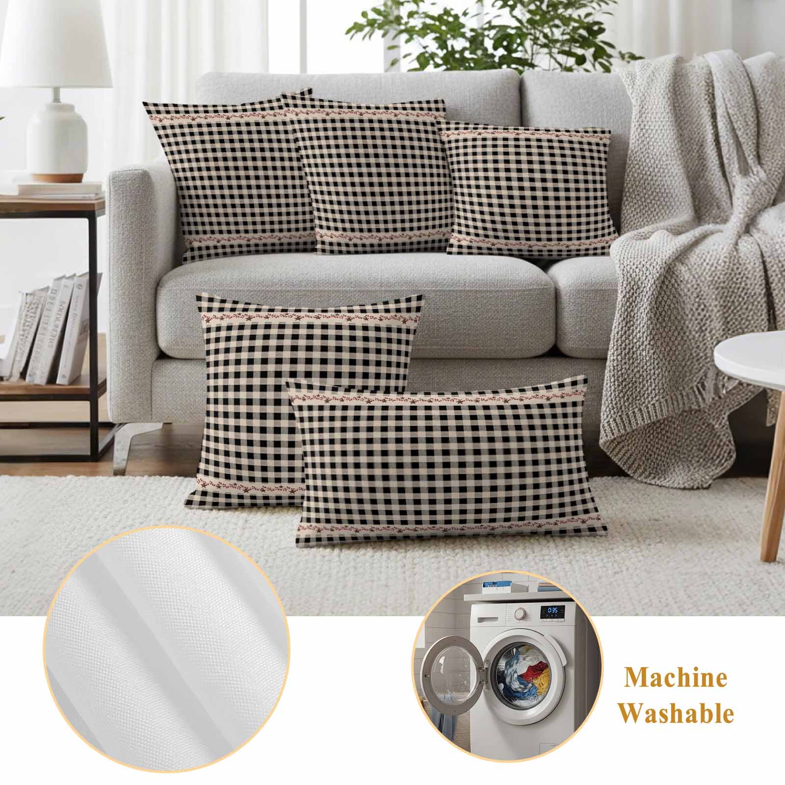 Country Star Plaid Outdoor Waterproof Pillow Covers, Black Retro American Farm Barn Berry Decorative Square Throw Pillowcase Sofa Cushion Sham for Patio/Couch/Chair, 16"x16" 2 Pack