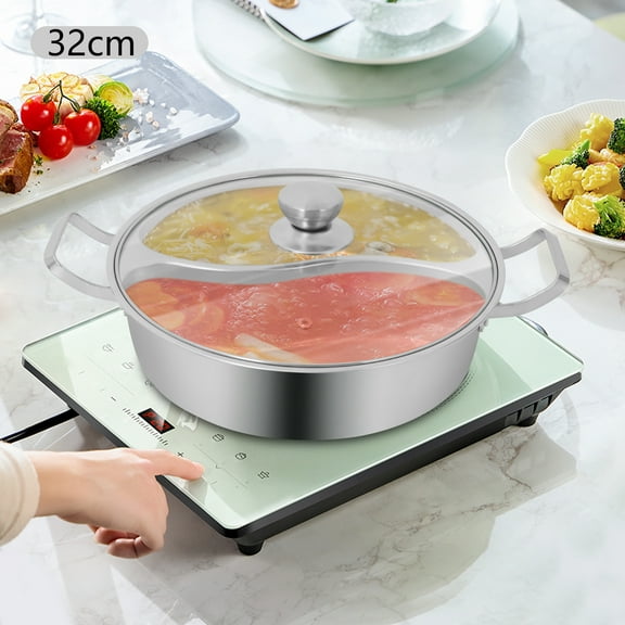 32cm/12.6in Double-Flavor Hot Pot, Hot Pot with Divider, Hot Pot with Clear Lid