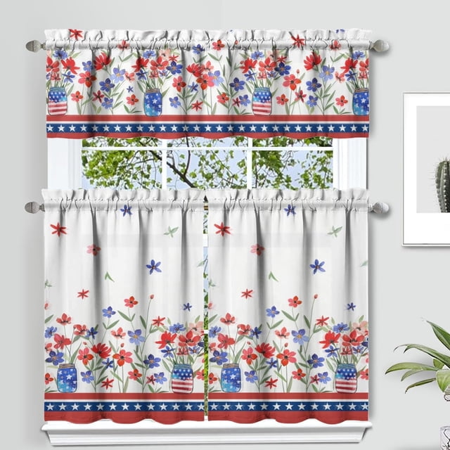 4th of July Kitchen Curtains and Valance 3pcs,Patriot Poppy Kitchen Decor for Home Indoor Decor,Independence Day Kitchen Curtains and Valance Set Short Curtain Sink Window 4th of July Decor 36In