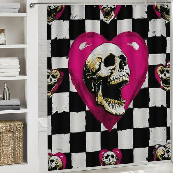 RKSupls Christmas Shower Curtain, Gothic Skull Heart Shower Curtain with Hooks for Christmas Home Bathroom Decor Washable Curtains, 72x72 in