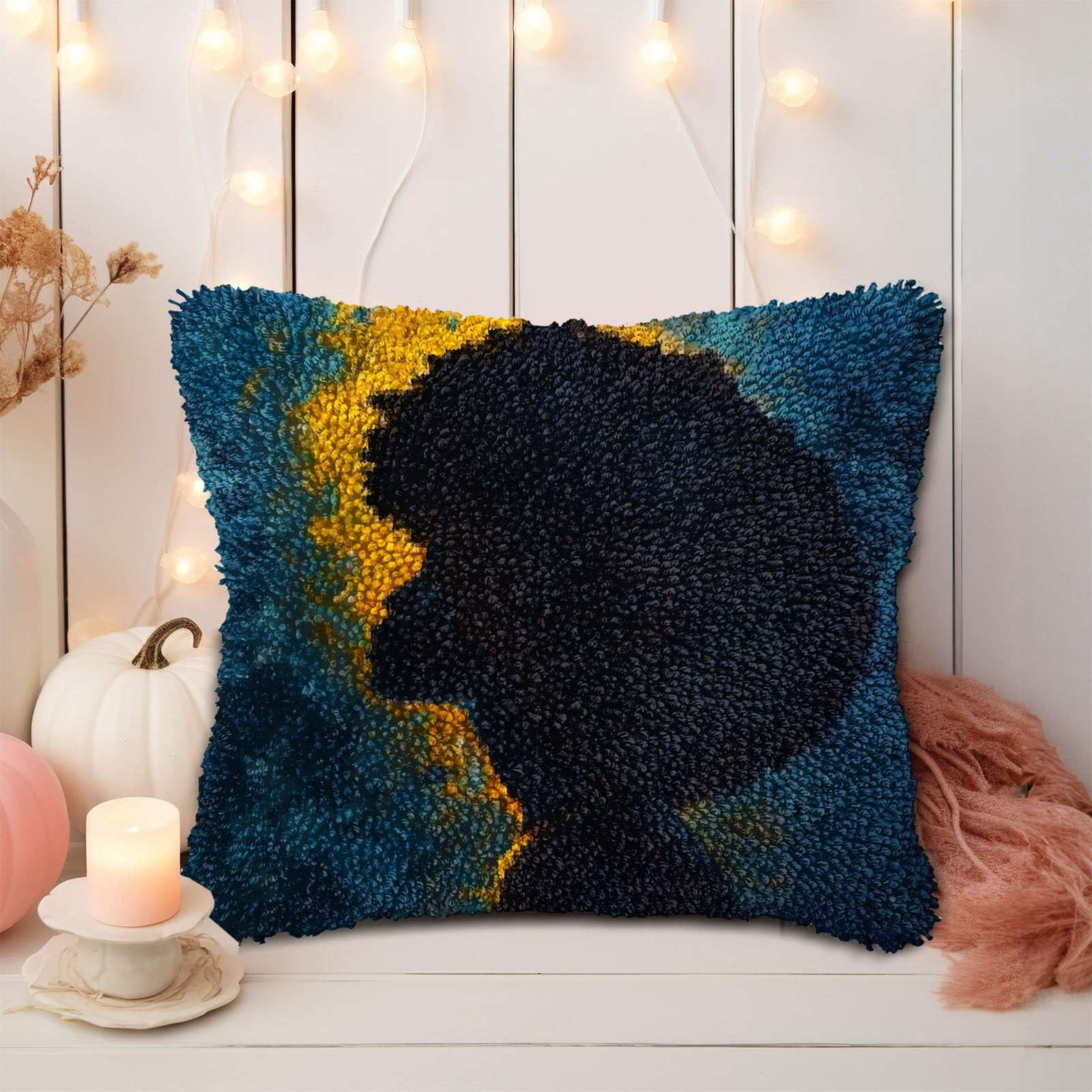 Abstract Shadow of African Woman DIY Latch Hook Pillow Kits for Adults Printed Pillowcase Crochet Yarns Hooking Handmade Pillow Cover Cushion for Home Sofa Decoration 17x17inch