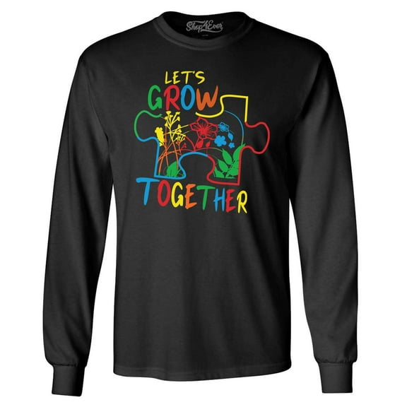 Shop4Ever Men's Let's Grow Together Autism Puzzle Piece Long Sleeve Shirt Medium Black