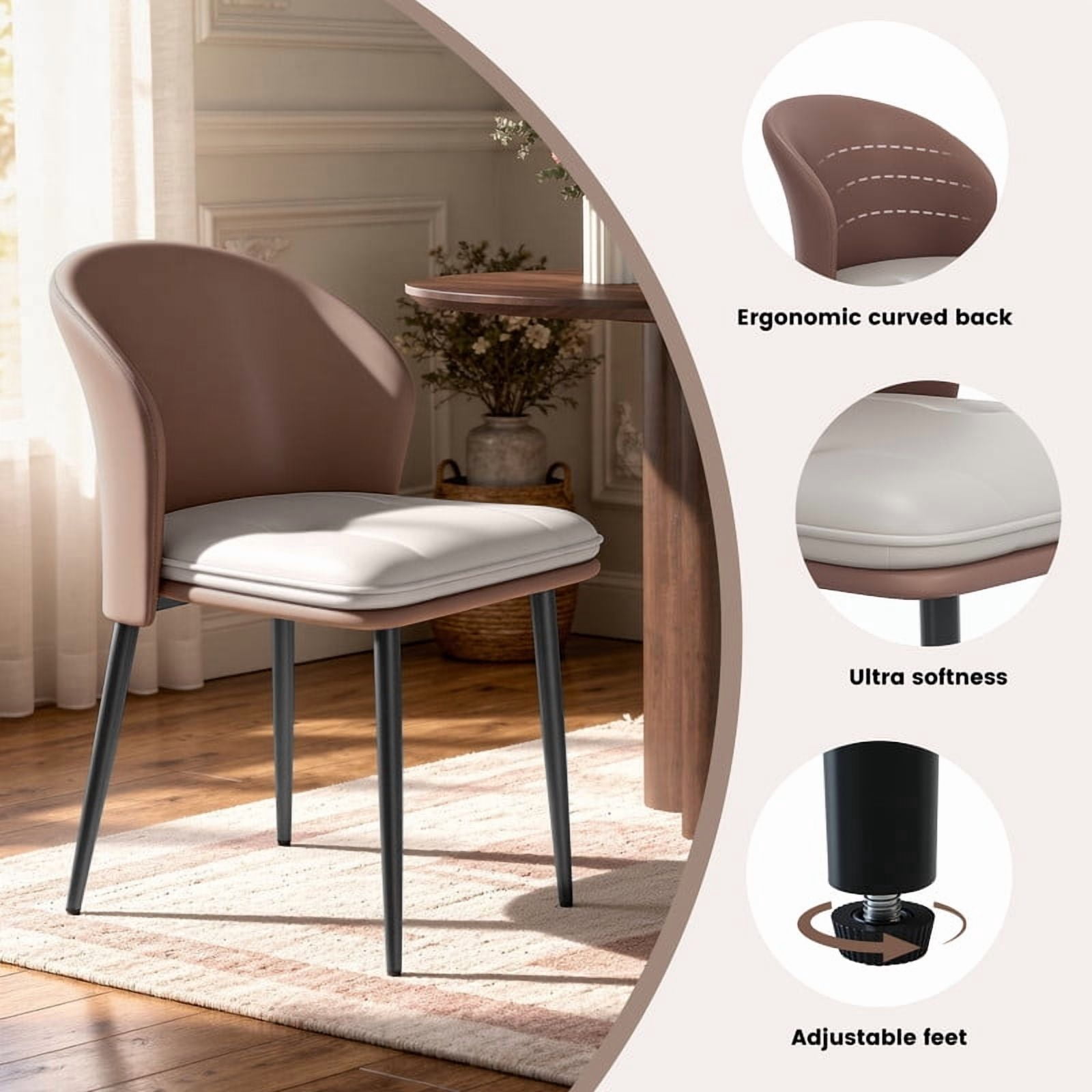 Hawsaiy Faux Leather Dining Chairs Set of 4, Modern Curved Back Upholstered Kitchen Side Chairs with Metal Legs, Brown