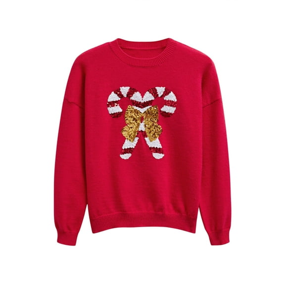 CHICWISH Women Sequin Bowknot Candy Cane Print Knit Christmas Sweater Crewneck Long Sleeve Holiday Sweaters Pullover Red