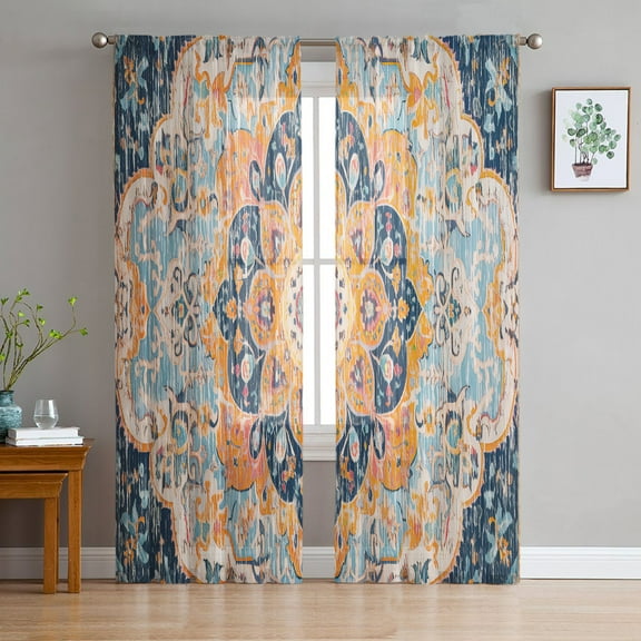Abstract Flower, Semi Sheer Curtains 96 Inch Length 2 Panels Set, Boho Vintage Colorful Native Print Sheer Kitchen Curtain Privacy Voile Window Curtain for Living Room Bedroom Rod Pocket Drapes