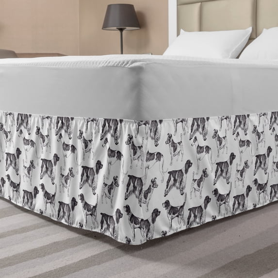 Dog Lover Bed Skirt, Monochrome Sketch of Various Dog Breeds on Plain Background Print, Elastic Bedskirt Dust Ruffle Wrap Around for Bedding Decor, 4 Sizes, Dark Purple Grey White, by Ambesonne